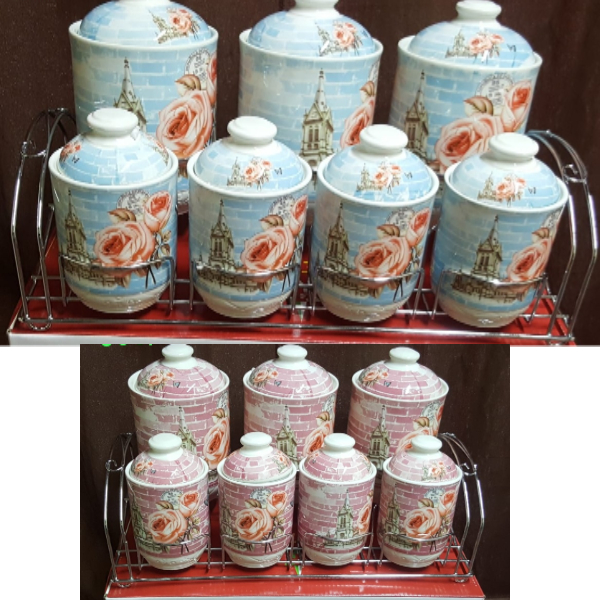 Lot De 7 Pots En porcelaine : sucre, farine, café, épices, thé...