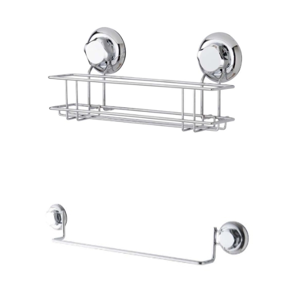 Étagère Murale Pour Flacons + Porte-Serviettes Simple à Ventouses Argent