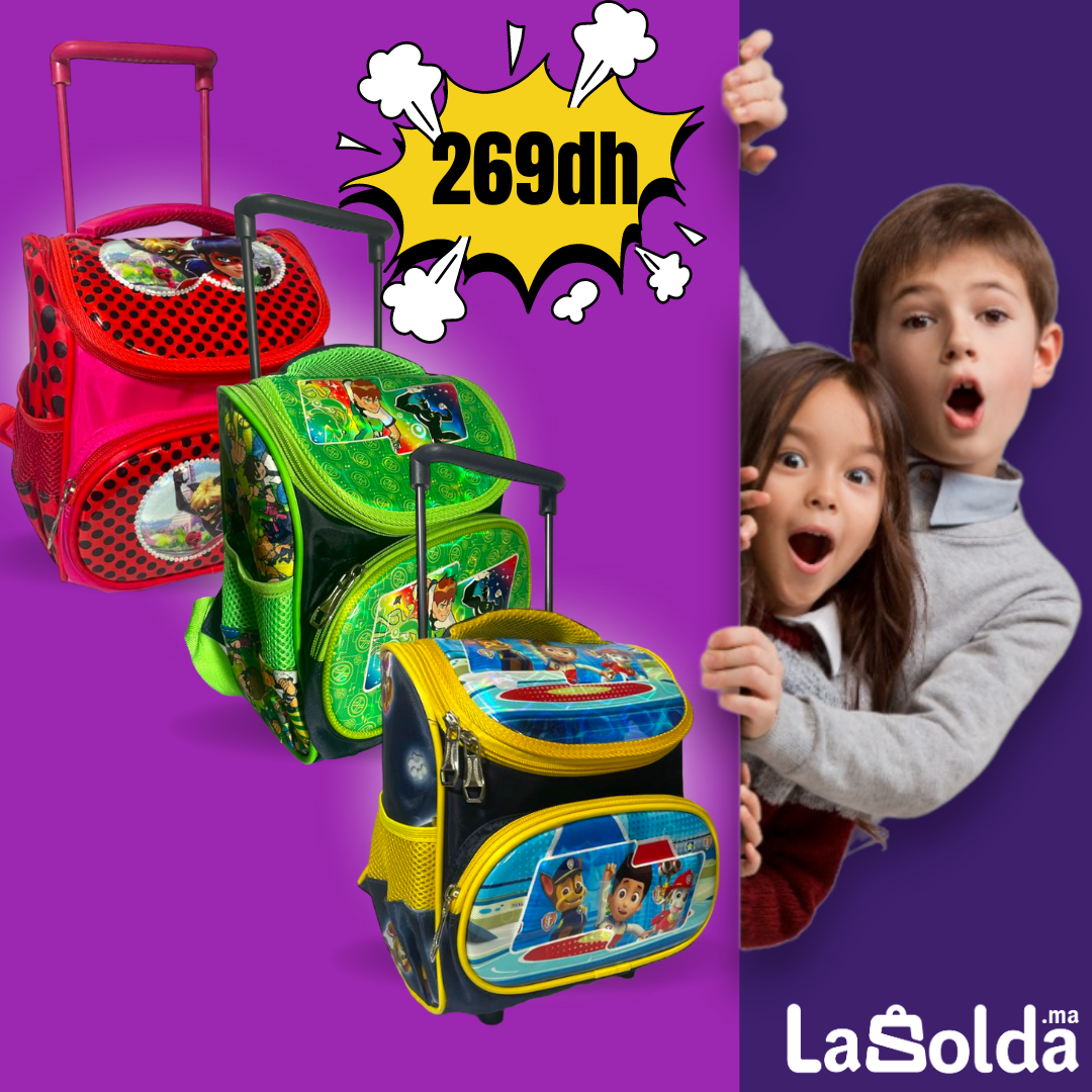 Sac à dos Cartable A Roulette "Maternelle" 26 x 23 cm - Motif :  Spiderman - Ben 10 - Pat Patrouille - Dora - Frozen - Miraculous