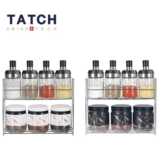 Set De 7 Pots  En Verre Avec Support Pour Épices , Thé , Sucre , Café ...